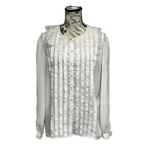 Vtg Nilani Sheer Ivory Pin Tuck Blouse Lace Collar Y2k Retro Womens  11/12 L